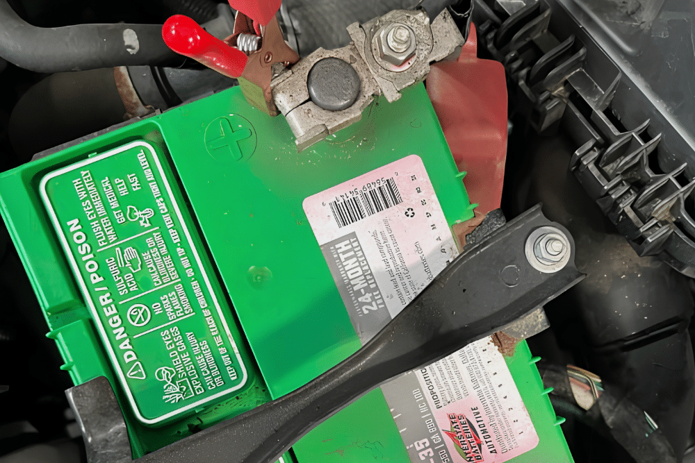 Car Battery Service in Hendersonville NC At Kanuga Tire & Auto. Image of car battery connected to testing clamps inside an engine bay